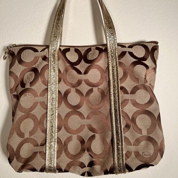 Coach Poppy Gold and Khaki Large Tote with Brilliant Blue Lining - Picture 15 of 15